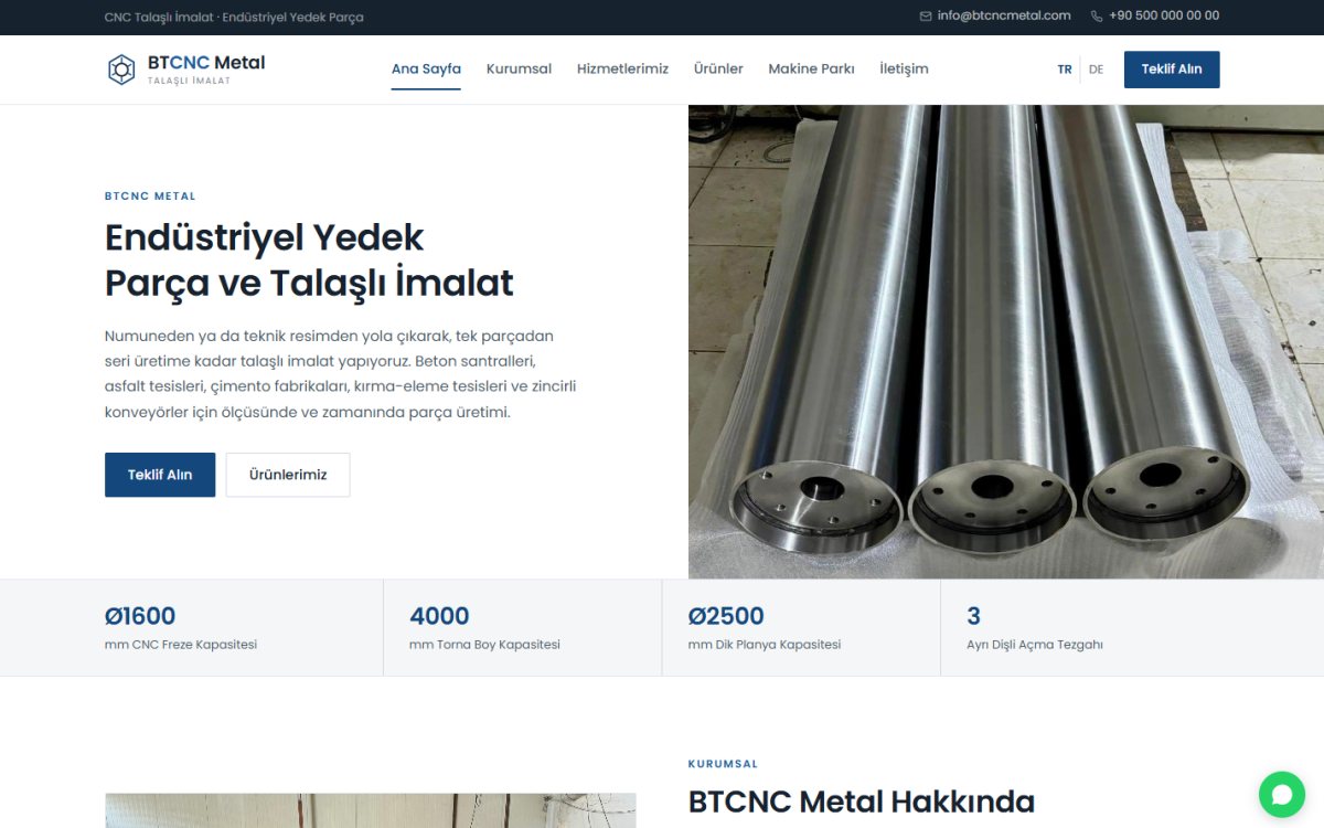 BTCNC Metal Kurumsal Site ekran görüntüsü