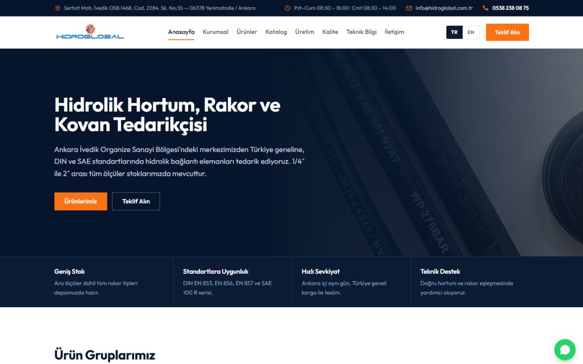 Hidro Global Kurumsal Site arayüzünden görüntü